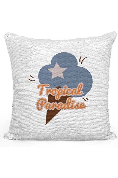 Generic Tropical Paradise Themed Sequin Decorative Throw Pillow White/Blue/Si...