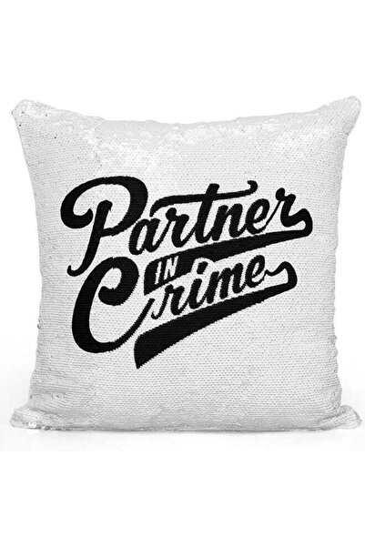 Generic Partner In Crime Design Themed Sequin Decorative Throw Pillow White/S...