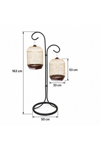 Dayang Double Round Gold Bird Cage Set with Dual-Arm Black Stand - Two 33x53 cm Cages & 163 cm Stand Combo
