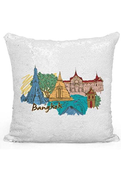 Generic Bangkok Themed Sequin Decorative Throw Pillow White/Blue/Silver 40x40cm