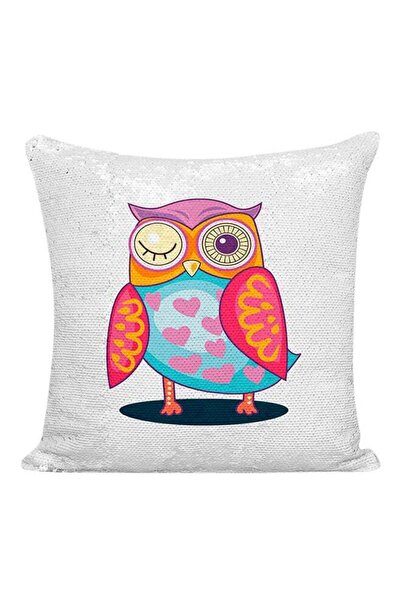 Generic Winking Owl Heart Love Sequined Pillow White/Blue/Pink 16x16inch