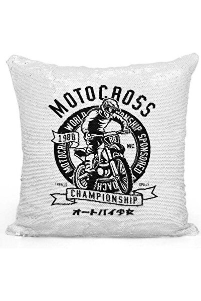 Generic Motocross Champion Sequin Decorative Throw Pillow White/Black/Silver ...