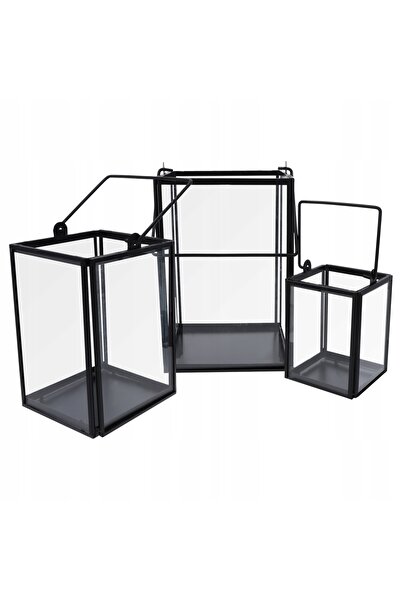 NO BRAND 3 felinare suporturi pentru lumânări, din metal și sticlă, negre, pe...