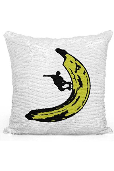 Generic Banana Skating Sequin Decorative Throw Pillow White/Silver/Yellow 40x...