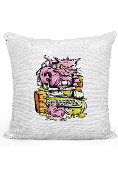 Generic Cat Themed Sequin Decorative Throw Pillow White/Pink/Silver 40x40cm