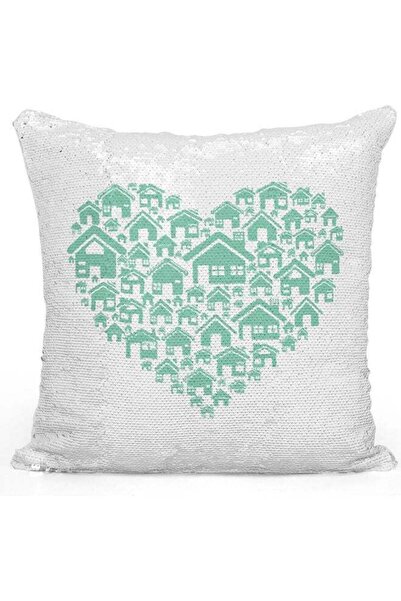 Generic Houses Sequin Decorative Throw Pillow White/Green/Silver 40x40cm