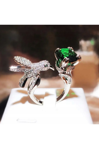 NO BRAND Inel de argint cu smarald oval de 14 mm, zirconiu, Colibri, din oțel...