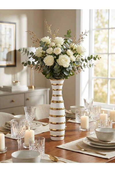 Generic Ceramic Vase for Floral Decorative arrangement, Ht-44 cm | Gold White...