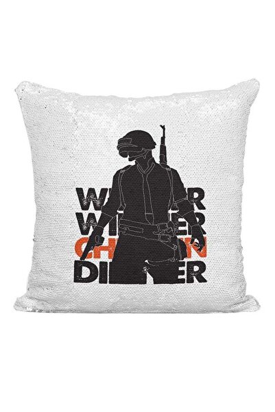 Generic PUBG Winner Chicken Dinner Sequined Cushion White/Silver/Black 16x16inch