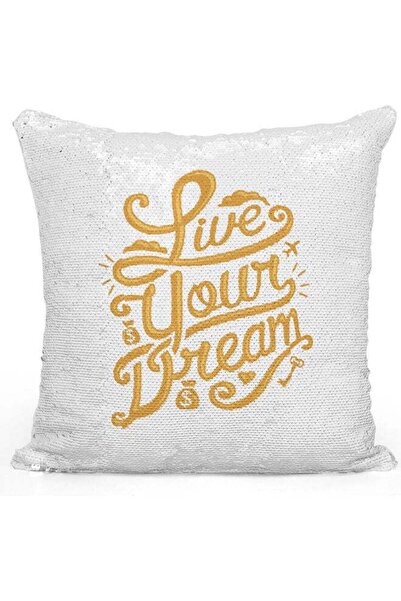 Generic Live Your Dream Quote Themed Sequin Decorative Throw Pillow White/Yel...