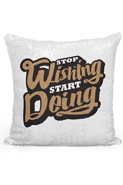 Generic Stop Wishing Quote Themed Sequin Decorative Throw Pillow White/Silver...