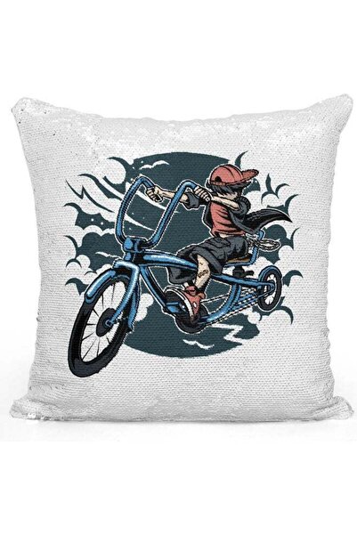 Generic Bicyclist Kid Themed Sequin Decorative Throw Pillow White/Silver/Blue...