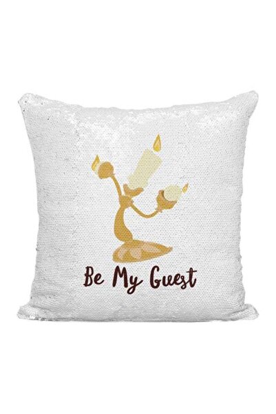 Generic Be My Guest Printed Sequined Throw Pillow Silver/White/Yellow 16x16inch