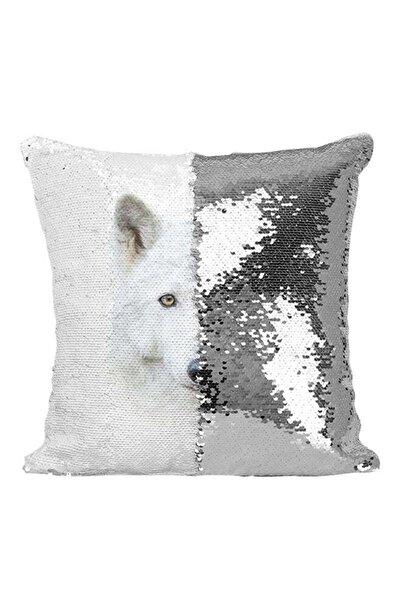 Generic Wolf Face Sequined Throw Pillow Silver/White/Black 16x16inch