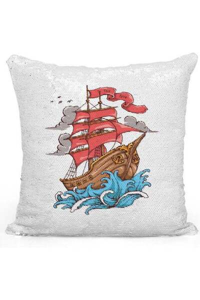Generic Pirate Ship Themed Sequin Decorative Throw Pillow White/Red/Silver