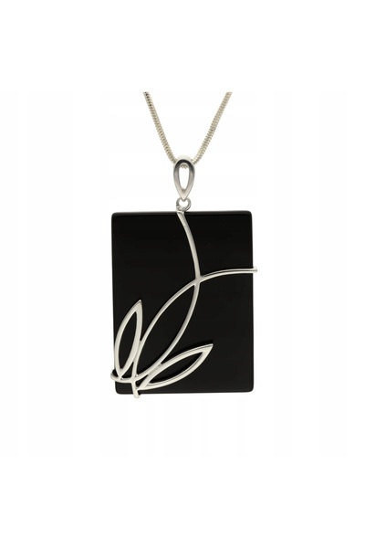 NO BRAND Pandantiv elegant din onix, dreptunghiular, cu floare, din argint