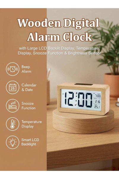 Generic Digital Alarm Clock, Wooden Bedside Clock with Large LCD Backlit Disp...