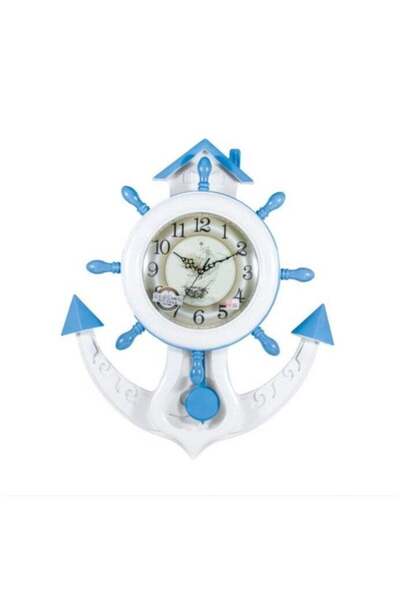 Generic This Blue-And-White Wall Clock Is Shaped Like An Anchor And Ship Whee...