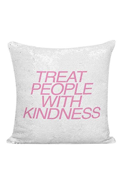 Generic Treat People With Kindness Sequined Pillow White/Pink 16x16inch