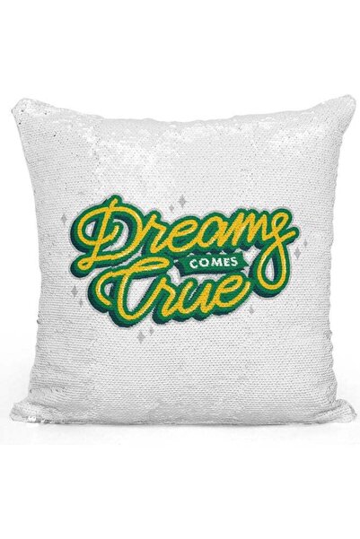 Generic Dreams Come True Themed Sequin Decorative Throw Pillow White/Silver/G...