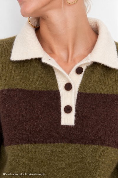 Layk Mayk Women's Khaki Brown Polo Collar Buttoned Soft Textured Knitwear Sweater-00529267