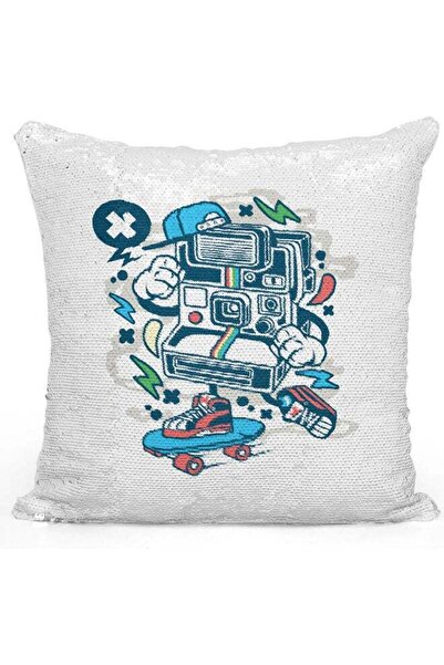 Generic Polaroid Camera Design Sequin Decorative Throw Pillow White/Silver/Bl...