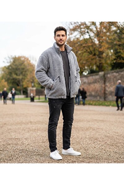 MODA Winter Men's Gray Plush Soft Fleece Detailed Zippered Stand Collar Overs...
