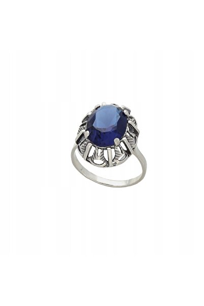 NO BRAND Inel oval cu safir, argint oxidat, măr. 19