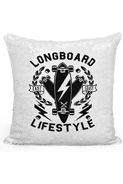Generic Long Board Quote Sequin Decorative Throw Pillow White/Silver/Black 40...