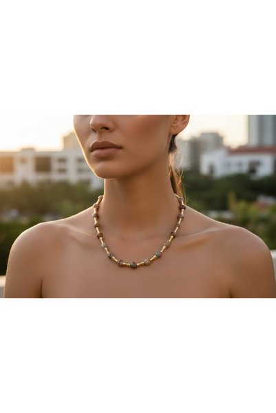 La sauvagine Women's Gold Tube Detailed Marble Patterned Coffee Beaded Necklace