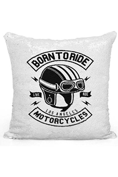 Generic Born To Ride Bike Themed Sequin Decorative Throw Pillow White/Black/S...