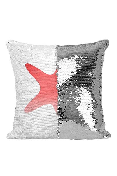 Generic Star Fish Sequined Throw Pillow Silver/White/Red 16x16inch