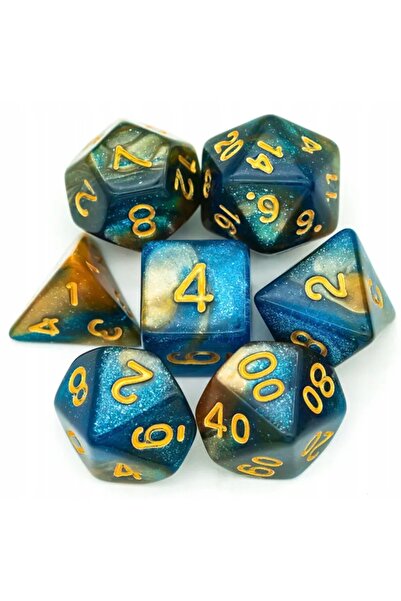 NO BRAND Set de 7 zaruri, albastru cu imprimeu auriu, D4-20 K20, pentru RPG, ...