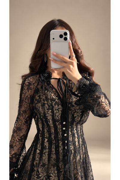 Rose Luxury Lace Evening Dress with Three-Dimensional Flowers and Beige Lining