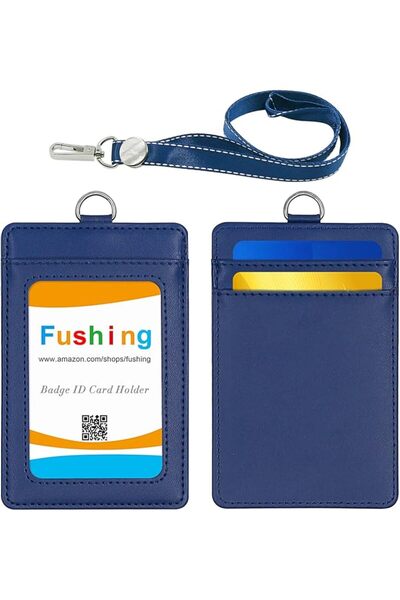 Fushing 2-Sided Leather ID Card Holder with Lanyard, Genuine Leather Badge Ho...
