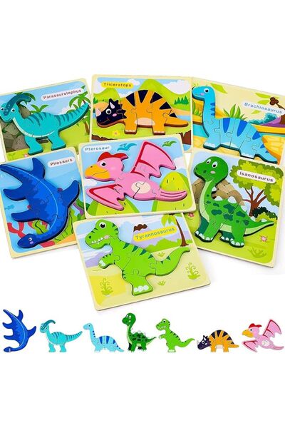 KASTWAVE Dinosaur Wooden Puzzles for Toddlers - 7pcs Educational Learning Toy...