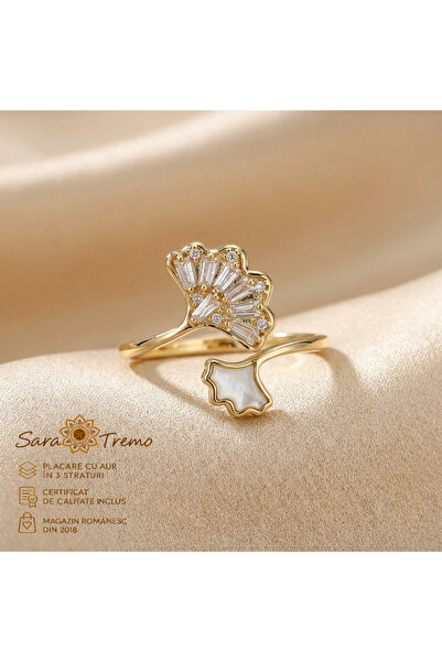 SaraTremo Ginkgo Ring – open model with zirconia, 14K gold plated