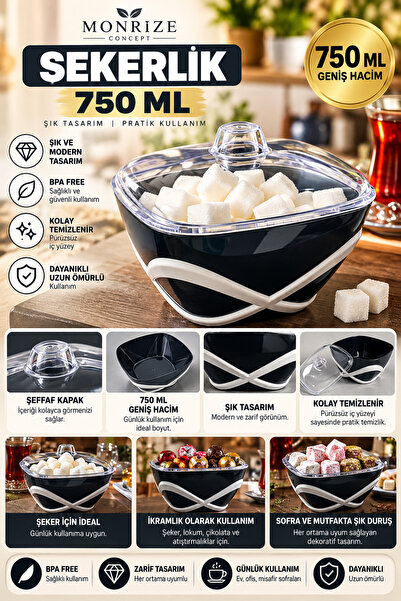 Monrize Concept 750 ML Kapaklı Şekerlik – Şeffaf Kapaklı Dekoratif İkramlık L...