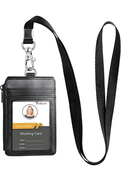 Teskyer Leather Badge Holder with Zipper Pocket,1 Clear ID Window and 3 Card ...