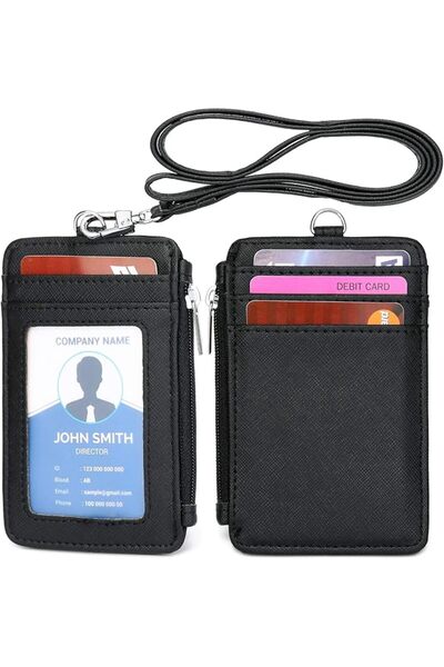 GENERAL ID Badge Holder with Neck Lanyard PU Leather ID Badge Wallet Case wit...