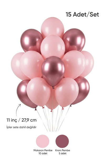 Mielibon Makaron Pembe Krom Pembe Balon Seti 15 Adet Doğum Günü Baby Shower B...