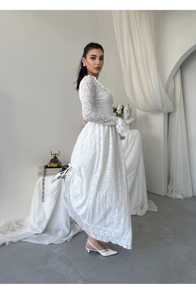 conconmoda Dantel Kumaş Dik Yaka Uzun Kollu Volan Detaylı Belden Büzgülü Romantik Elbise-01047