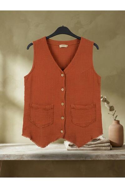Aksoy Authentic Cotton Muslin Buttoned V-Neck Tassel Vest with Dirty Stitching