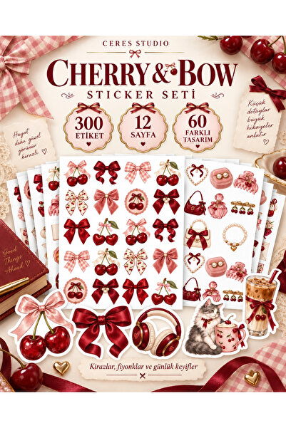 Ceres Studio Cherry & Bow Kiraz ve Fiyonk Temalı Sticker Seti - Defter, Ajand...