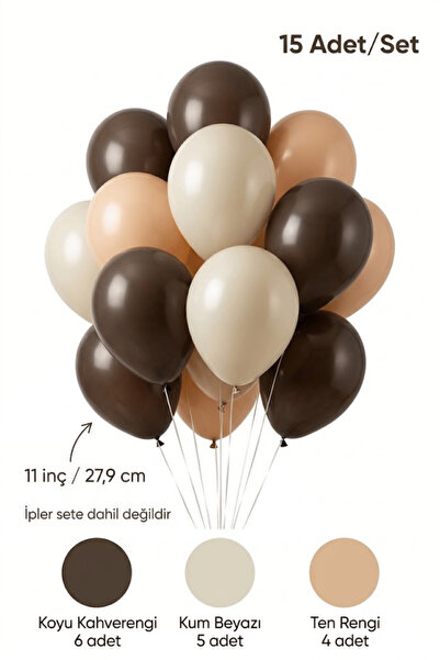 Koyu Kahverengi Kum Beyazı Ten Rengi Balon Seti 15 Adet Retro Doğum Günü Süsleme