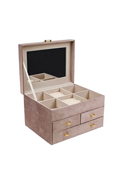 OEM Cutie organizator bijuterii roz nude velvet 25x19x16 cm cu oglindă și ser...