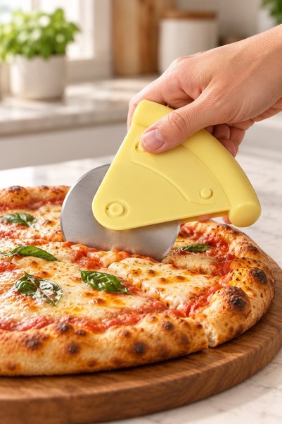 KONTEF Pizza Dilimi Tasarımlı Metal Rulet Pizza Kesici Plastik Tutma Saplı