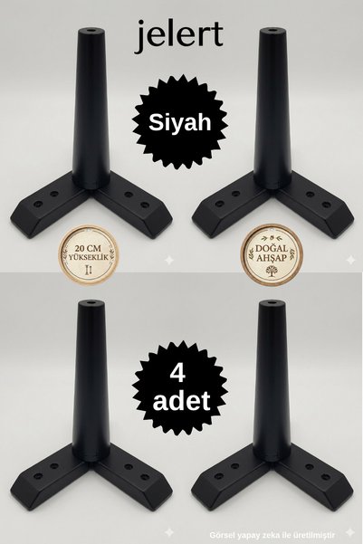 Jelert Masif Gürgen Ahşap 20 cm Siyah-4'lü, Mobilya Yükseltme Ayağı, Robot Sü...
