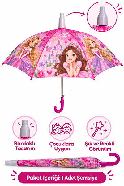 ALL FAST Kız Çocuk Pembe Baskılı Bardaklı Şemsiye – Su Hazneli Damlatmaz Tasa...