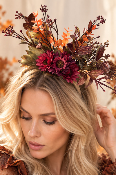 Bukiro Fall Floral Crown Burgundy Floral Leaf Bohemian Crown Halloween Halloween Costume Accessory